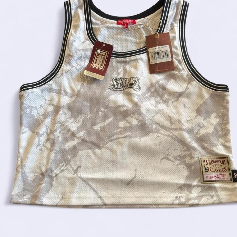 Mitchell & Ness Philadelphia 76ers NBA Marble Mesh Crop Tank Top Women Large NEW